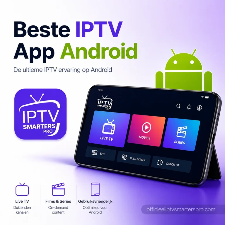 Minimalistische featured image voor het artikel over beste IPTV app voor Android, met IPTV Smarters Pro logo, Android-logo, smartphone-interface voor live tv, films en series, plus watermark officieeliptvsmarterspro.com.