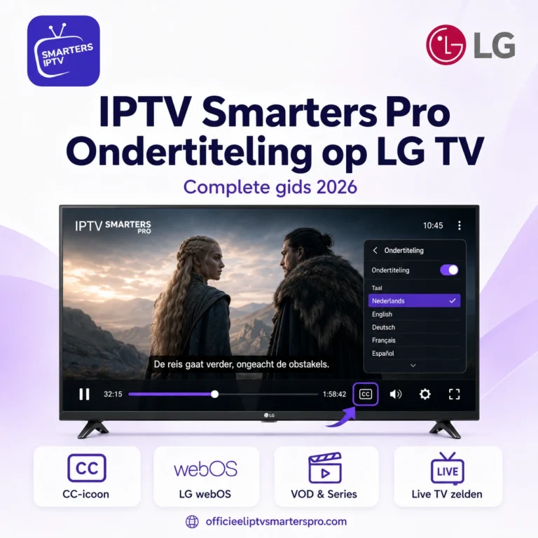 Minimalistische featured image voor de gids IPTV Smarters Pro ondertiteling aanzetten LG TV, met een LG Smart TV waarop IPTV Smarters Pro speelt, een zichtbaar CC-icoon, Nederlandse ondertiteling, webOS subtitle settings en het watermark officieeliptvsmarterspro.com.