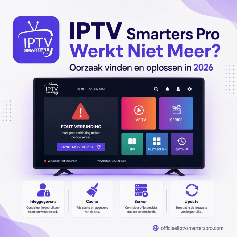 Minimalistische featured image bij de gids IPTV Smarters Pro werkt niet meer, met het IPTV Smarters Pro logo, een fout verbinding melding op een IPTV-interface en vier veelvoorkomende oplossingen: inloggegevens controleren, cache wissen, serverstatus checken en app updaten.