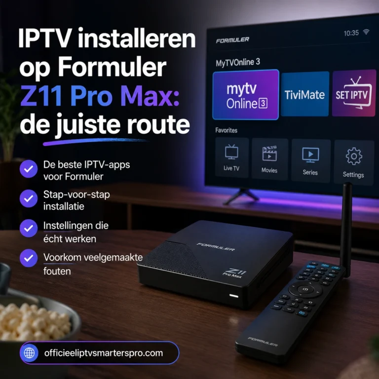 Formuler Z11 Pro Max met afstandsbediening voor een tv waarop MYTVOnline 3 en andere IPTV-apps worden getoond, naast de tekst “IPTV installeren op Formuler Z11 Pro Max: de juiste route”.