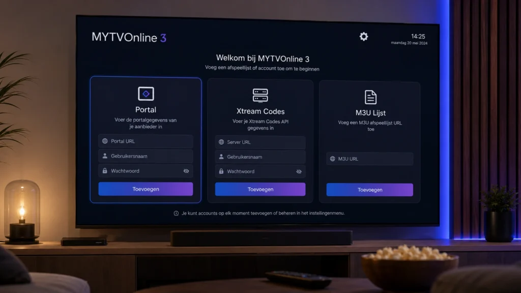 screenshot van het scherm in MYTVOnline 3 waar je een portal, Xtream Codes-account of M3U-lijst toevoegt